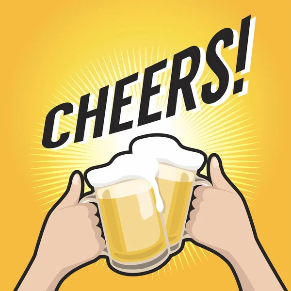 Cheers Rising Hands Beer Glass Mugs Foam Beer Party — Stock Vector