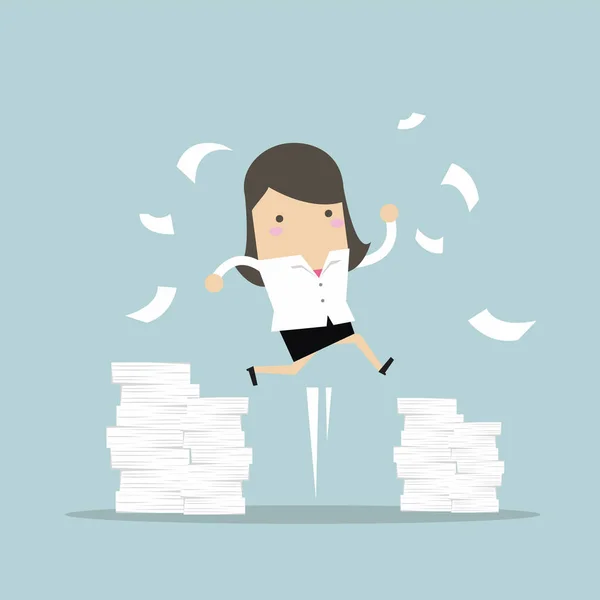 Businesswoman Jumping Mountain Documents Vector — Stock Vector