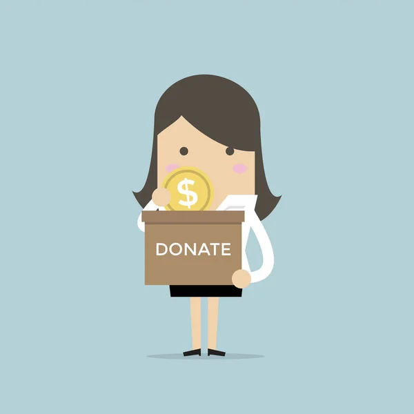 Businesswoman Putting Coin Donation Box Vector — Stock Vector