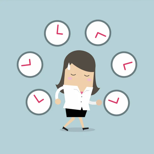 Businesswoman Many Clocks Vector — Stock Vector