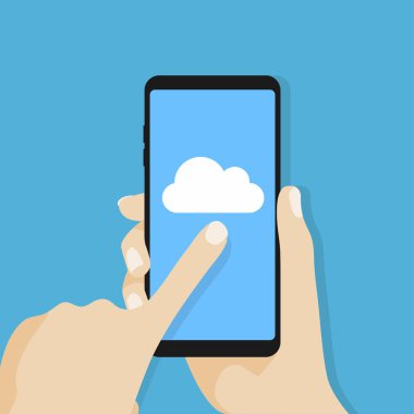 Smartphone ekran üstünde bulut kutsal kişilerin resmi. El tutma smartphone. vektör
