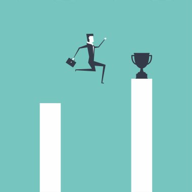 Altın kupa almak için boşluk çubuğu atlama iş adamı.