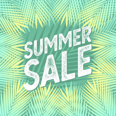 Palmiye yaprakları, orman yaprağı ve el yazısı yazı ile satış banner. Çiçek tropikal yaz arka plan. vektör