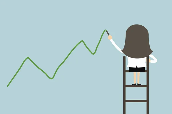 Empresária Escada Desenhando Gráfico Crescimento Parede Vetor —  Vetores de Stock