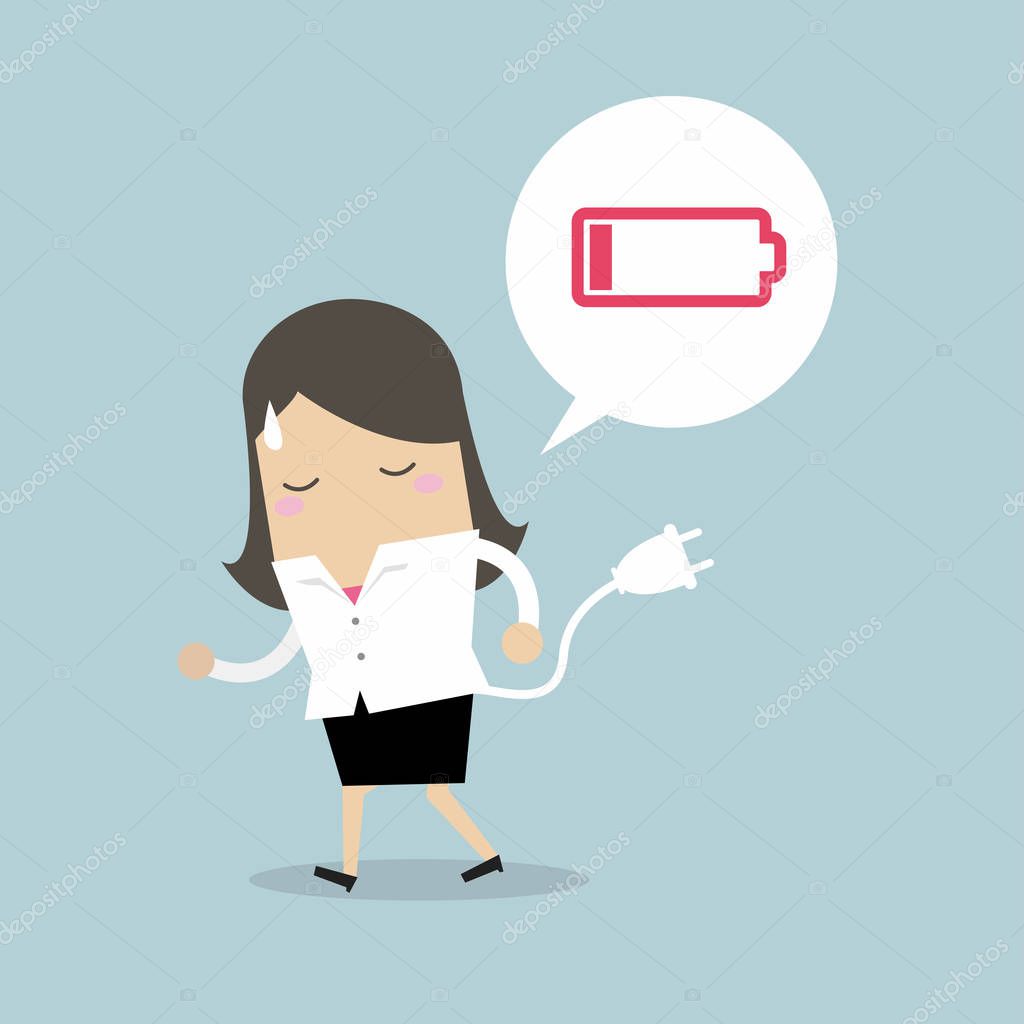 Businesswoman feeling tired and low power battery. Vector
