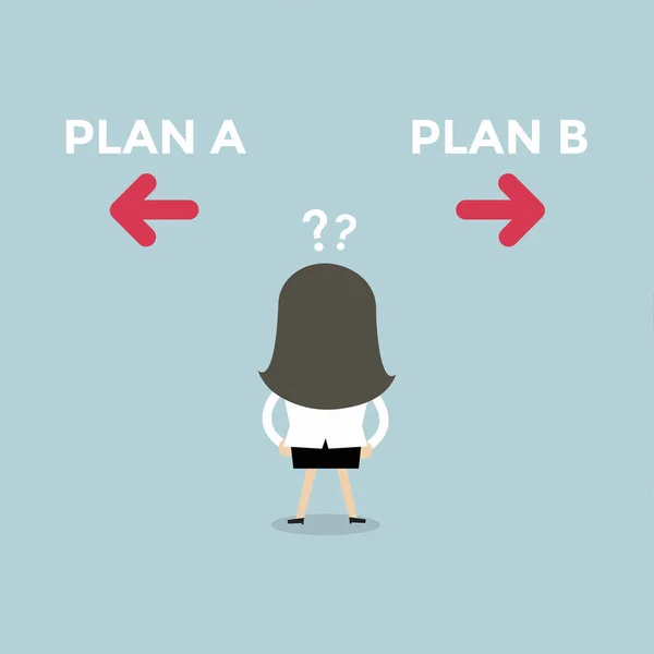 Businesswoman Confused Two Choices Plan Plan — Stock Vector