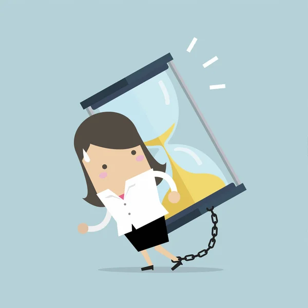 Businesswoman Carrying Huge Sand Hourglass Her Back Vector — Stock Vector