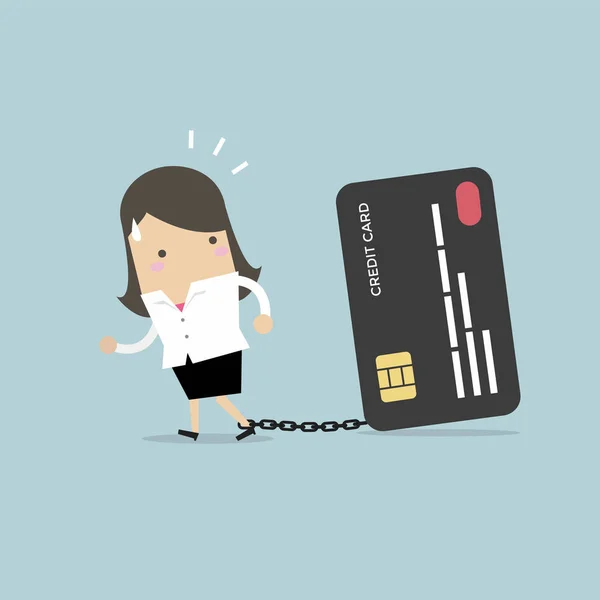 Femme Affaires Avec Pied Enchaîné Carte Crédit Bancaire Essayant Échapper — Image vectorielle