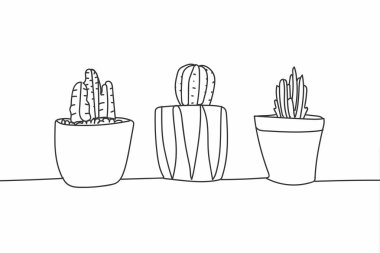 Basit el çekilmiş kaktüs ve succulents tencere. Doodle şirin iç karanfiller. Vektör