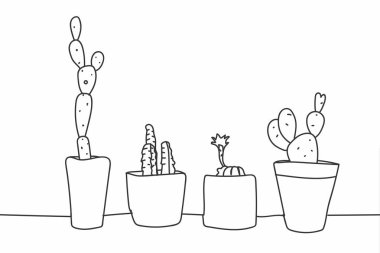 Basit el çekilmiş kaktüs ve succulents tencere. Doodle şirin iç karanfiller. Vektör