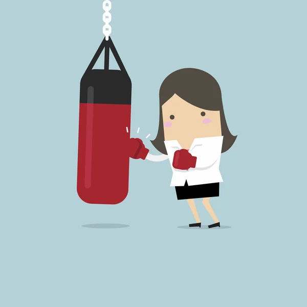 Businesswoman Wearing Boxing Gloves Punching Punch Bag Vector — Stock Vector