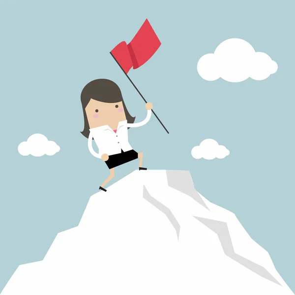 Empresária Com Bandeira Vermelha Pico Montanha — Vetor de Stock