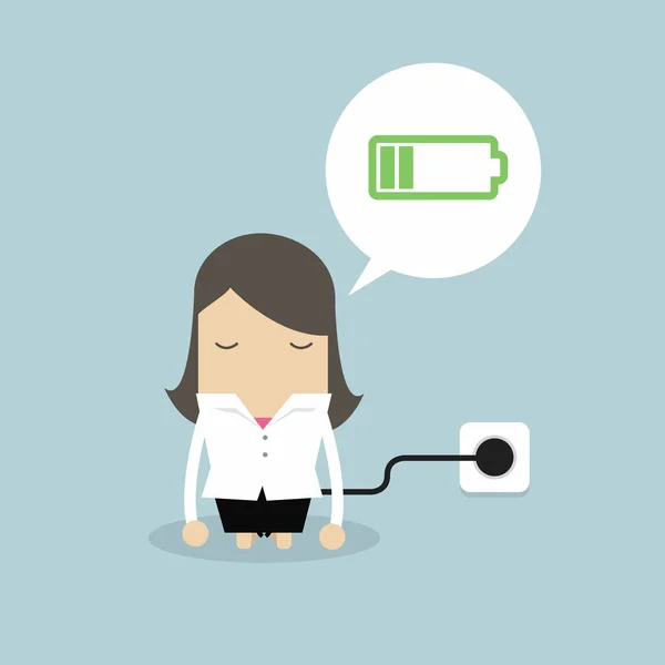 Femme Affaires Sentant Fatiguée Rechargeant Batterie — Image vectorielle