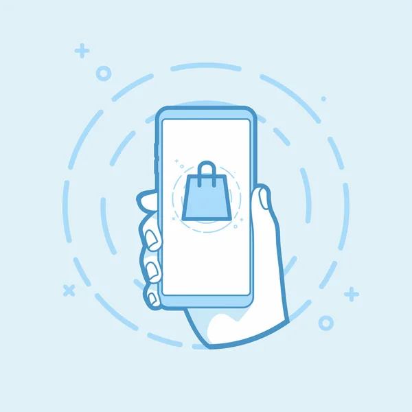 青の背景にスマート フォンを持っている手 現代ベクトル アウトライン携帯アプリ デザイン ハンドバッグ オンライン ショッピングのセット — ストックベクタ