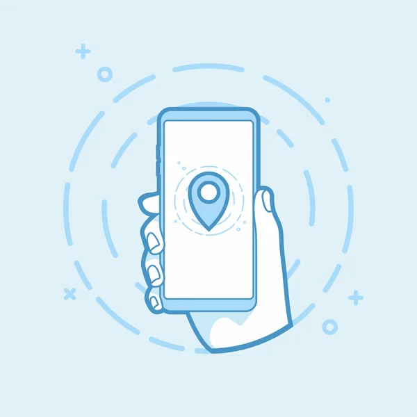 地図ピン アイコンを持つスマート フォンを持っている手 ベクトル図のアウトライン オブジェクト — ストックベクタ
