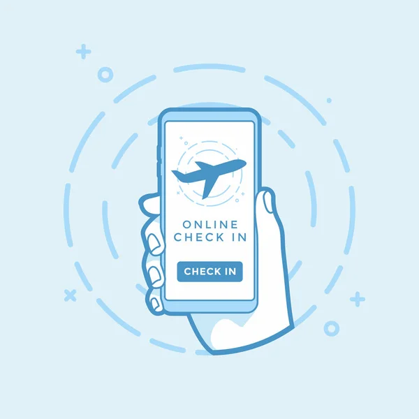 Botão Check Online Ícone Avião Tela Mão Segurando Smartphone Objeto — Vetor de Stock