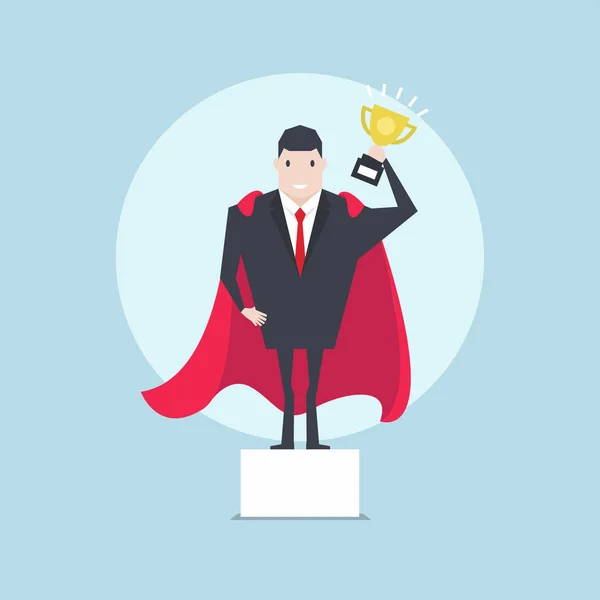 Businessman Holding Trophy Podium Red Cloak — Stock Vector