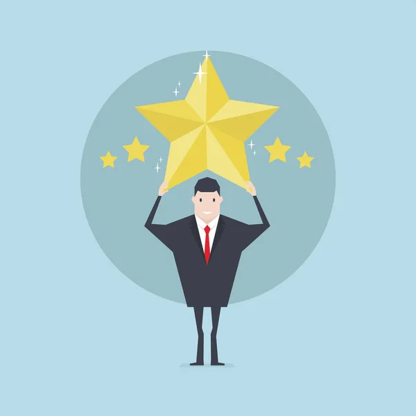 Empresário Segurando Cinco Estrelas Ouro Para Classificação —  Vetores de Stock