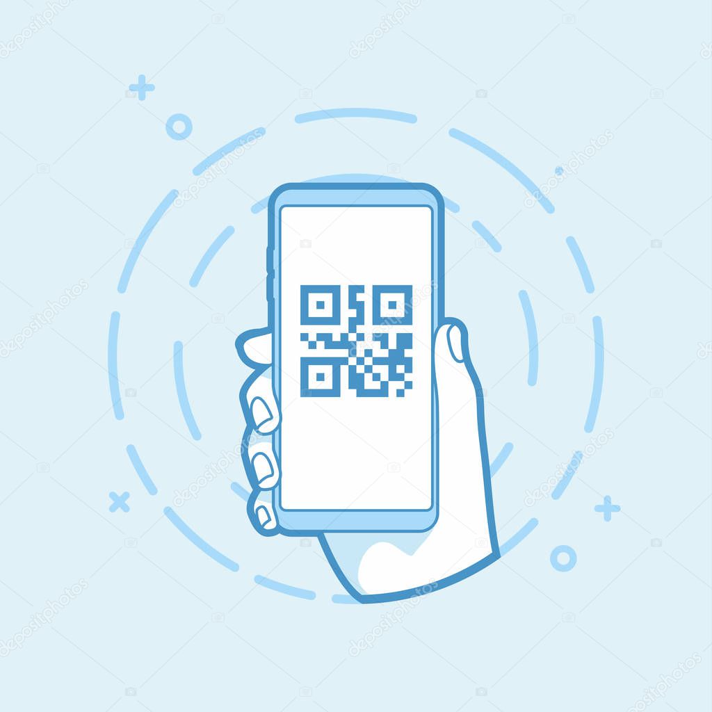QR code icon on smartphone screen. Hand holding smartphone. Modern vector outline object.