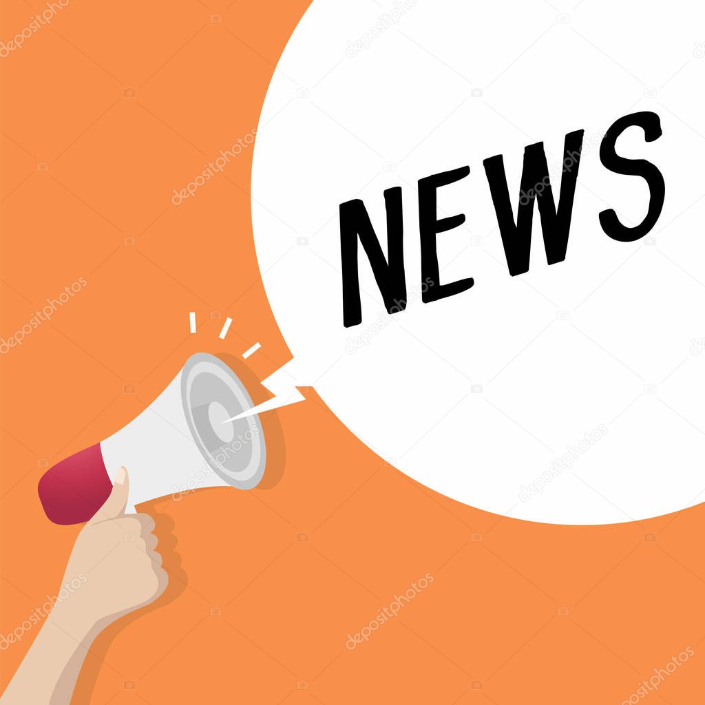 Hand holding loudspeaker or megaphone with speech bubble NEWS. announcement concept. vector