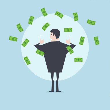 İş adamı havada akan doları banknot çok memnun. vektör