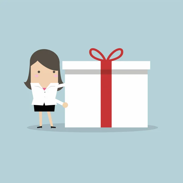 Femme Affaires Tenant Une Grande Boîte Cadeau Pour Festival Noël — Image vectorielle