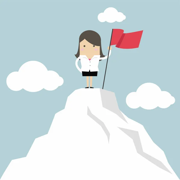 Businesswoman Holding Red Flag Top Mountain — Stock Vector