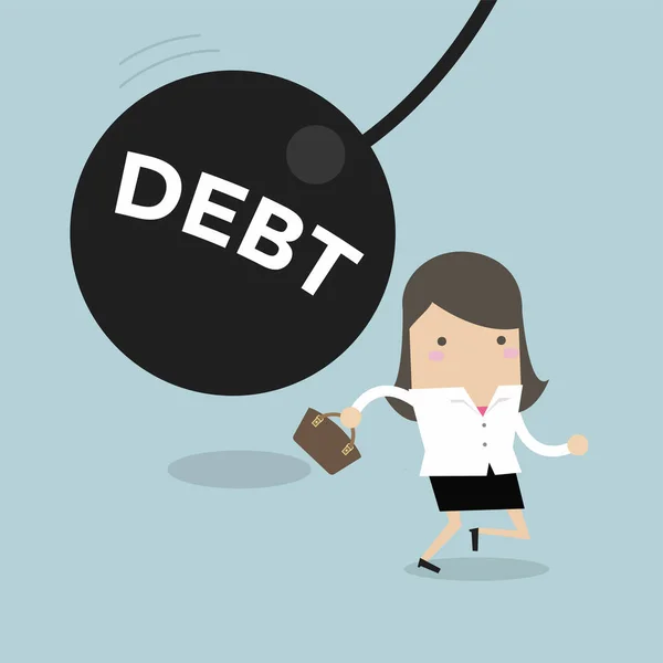 Businesswoman Running Away Huge Pendulum Message Debt Financial Crisis Tax — Stock Vector