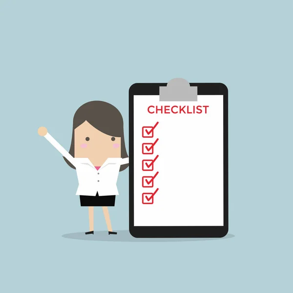Businesswoman Completing Checklist Ticking Boxes — Stock Vector