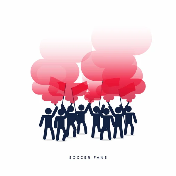 Grupp Fotboll Soccer Fans Med Brinnande Röd Flare Och Rök — Stock vektor