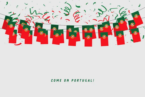 葡萄牙花环标志与五彩纸屑在灰色背景 悬挂彩旗为葡萄牙庆祝模板横幅 — 图库矢量图片