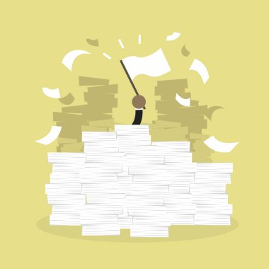 Afrika işadamı el ile beyaz bayrak. Evrak, fatura ve belgeler, belgeler çok yüklü ofis masası.