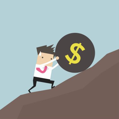 Dolar işareti olan bir büyük yük topu yukarı iterek işadamı.