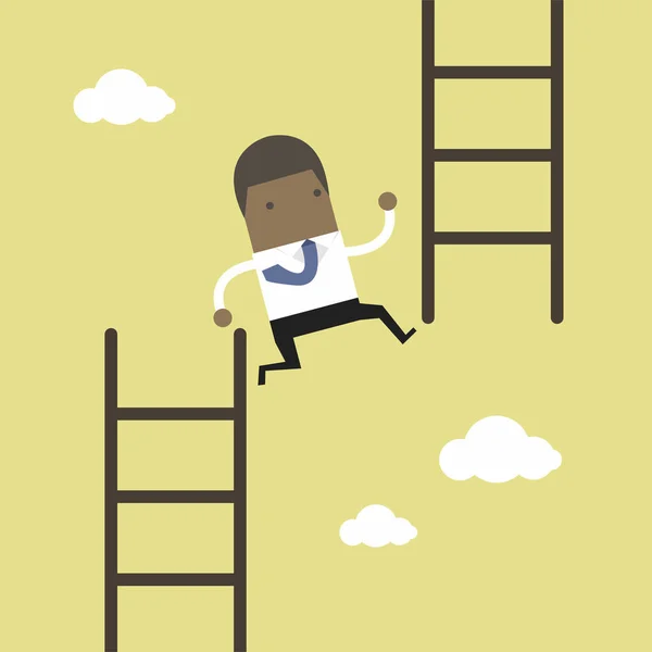 Африканский Бизнесмен Прыгает Низкой Лестницы Высокую Лестницу — стоковый вектор