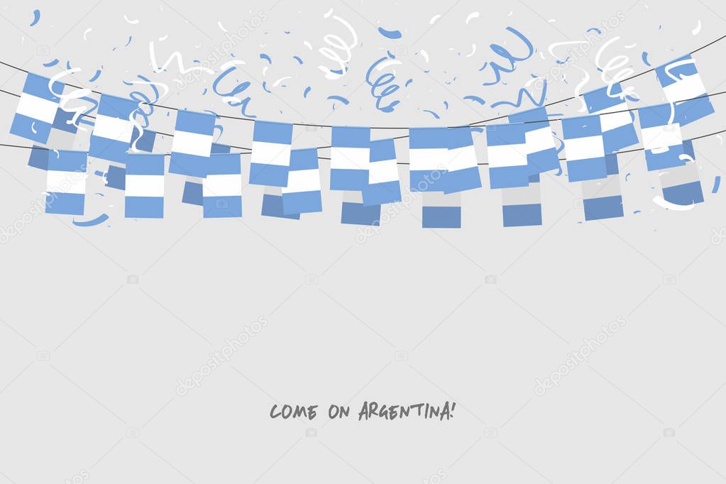 Argentina garland flag with confetti on gray background, Hang bunting for Argentina celebration template banner. vector