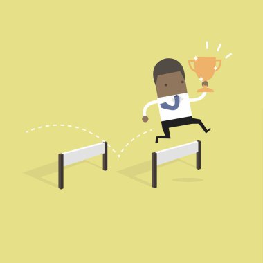 Engel atlamak ve kupayı tutarak Afrika işadamı.