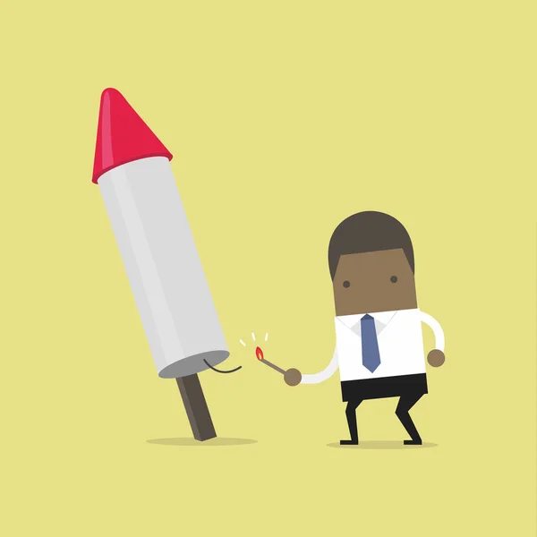 Afrikaanse Zakenman Lancering Vuurwerk Raket Business Concept Cartoon — Stockvector