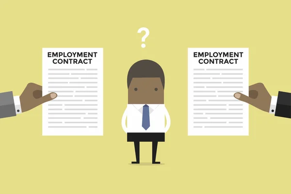 Homme Affaires Africain Avec Deux Offres Contrat Travail Deux Entreprises — Image vectorielle