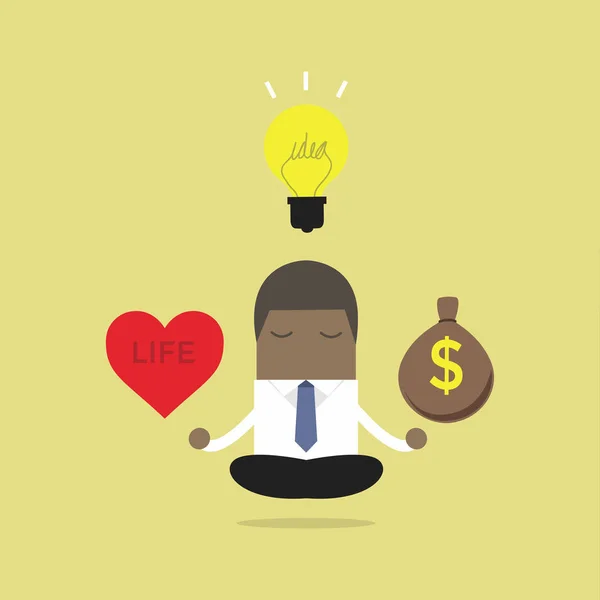 African businessman meditation balance between ideas, money and life.