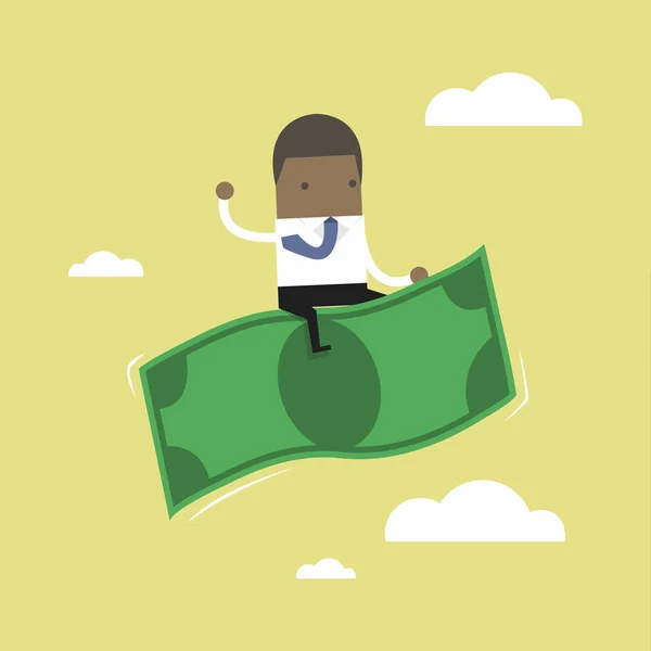 Empresario Africano Montando Dinero Volador — Vector de stock