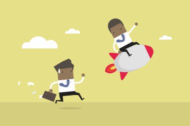 Afrika işadamı binmek roket, iş rekabet kavramı. Rekabet avantajı. vektör