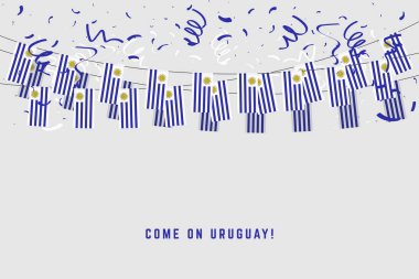 Gri zemin üzerine konfeti ile Uruguay garland bayrak asmak Uruguay kutlama şablon banner için kiraz kuşu. vektör