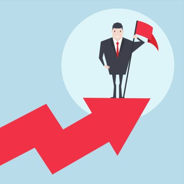 Satış grafiği üst kısmında kırmızı bayrak ayakta tutan işadamı.