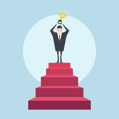 Kupa ile merdivenlerden üzerine başarılı bir iş adamı. İş kavramı.