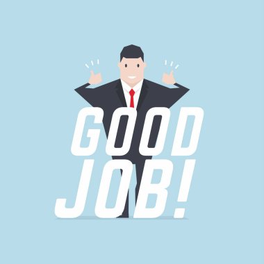 İşadamı başparmak yukarıya iyi iş metin ile.