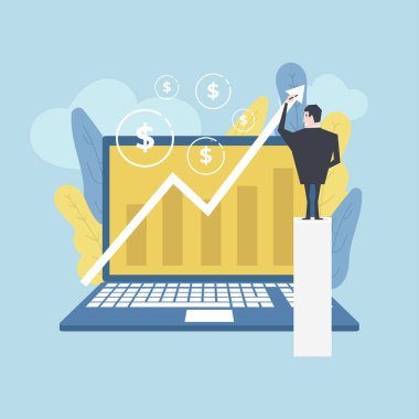 Büyüme grafik bilgisayar dizüstü bilgisayarda çizim işadamı.