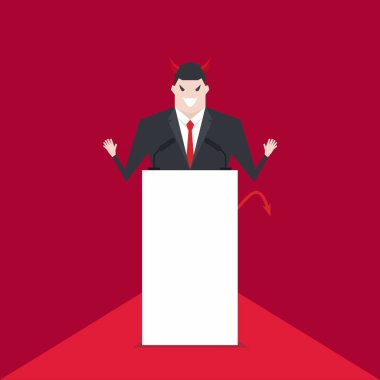 Podyum üzerinde konuşurken şeytan işadamı.