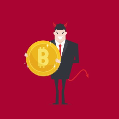 Devil businessman holding Bitcoin in hand. clipart