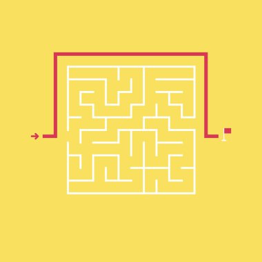 Labirent ve çıkmak için kısayol kapıdan girmeden kare. Sorun ve çözüm kavramı. Düz tasarım.