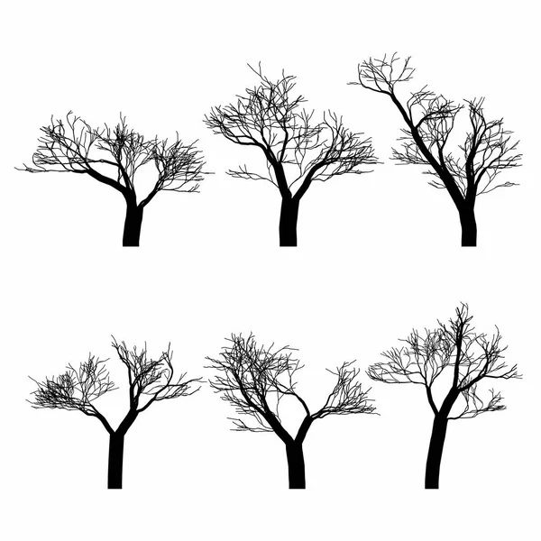 Conjunto Árvores Nuas Pretas Conjunto Silhueta Isolado Mão Vetor — Vetor de Stock